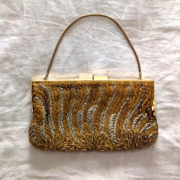 La Regale Vintage 1960s Gold Silver Beaded Clutch Purse - Picture 2 of 16